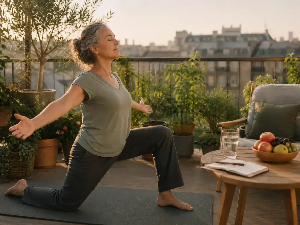 Une femme en plaine méditation sur sa terrasse, illustration des 4 piliers du développement personnel