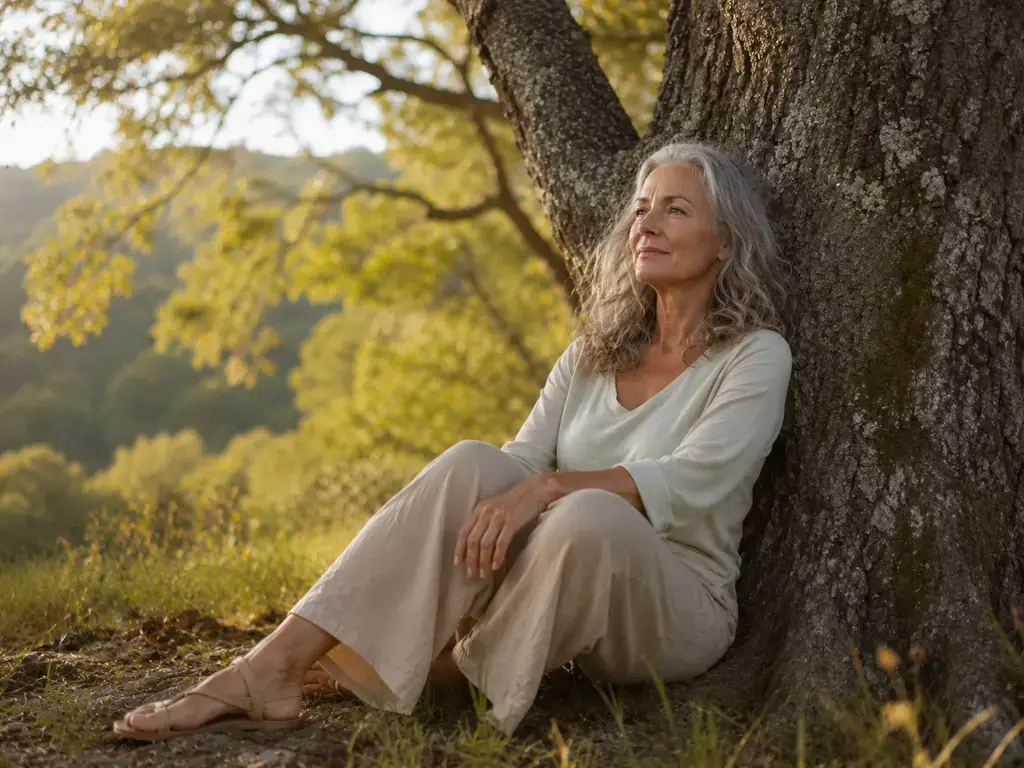 Femme adossée à un grand arbre retrouvant un sentiment d’ancrage et de sécurité intérieure