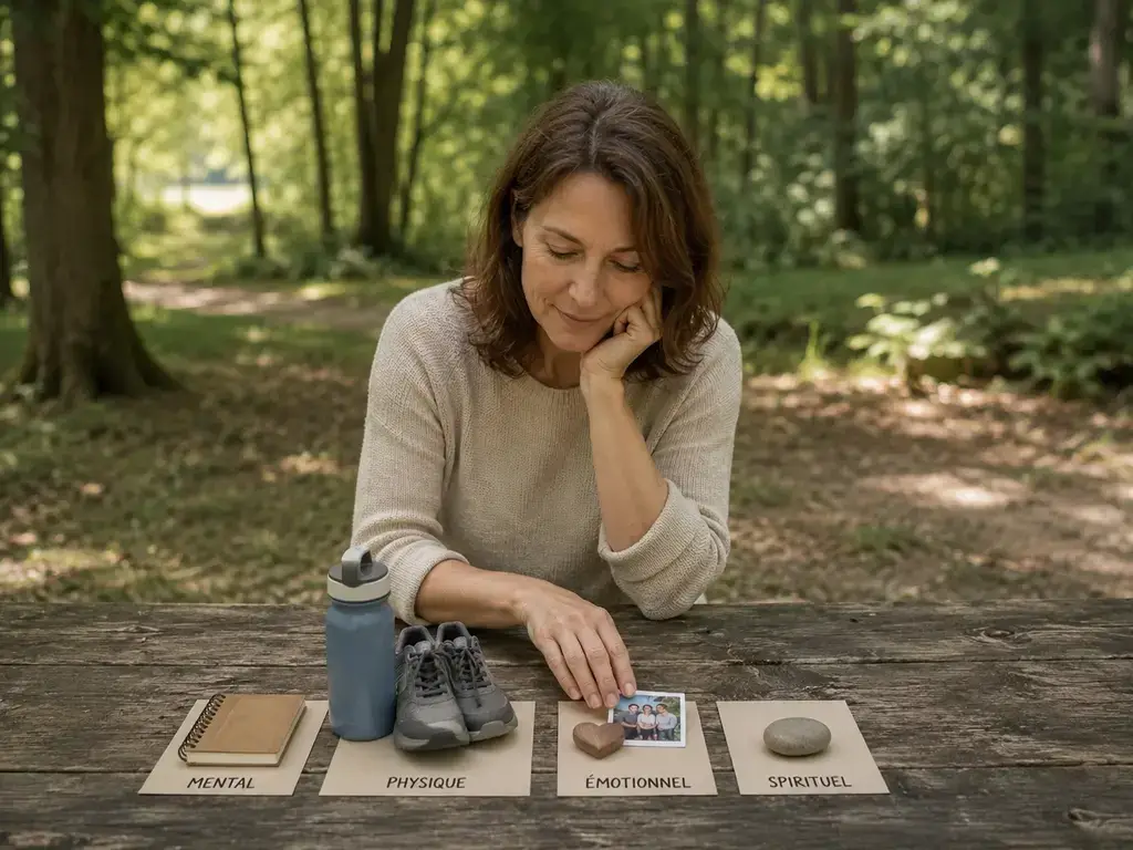 Une dame regarde les 4 piliers du développement personnel posés devant elle