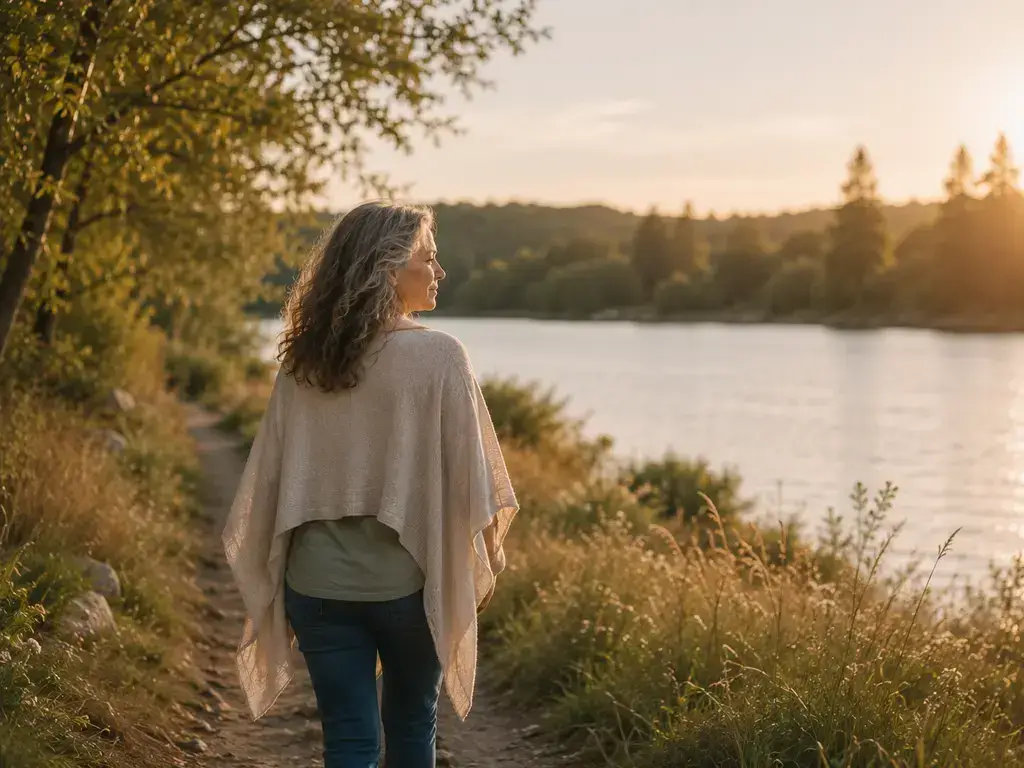 Femme marchant sur un sentier au bord d’un lac dans la lumière du coucher du soleil en quête d'un équilibre émotionnel
