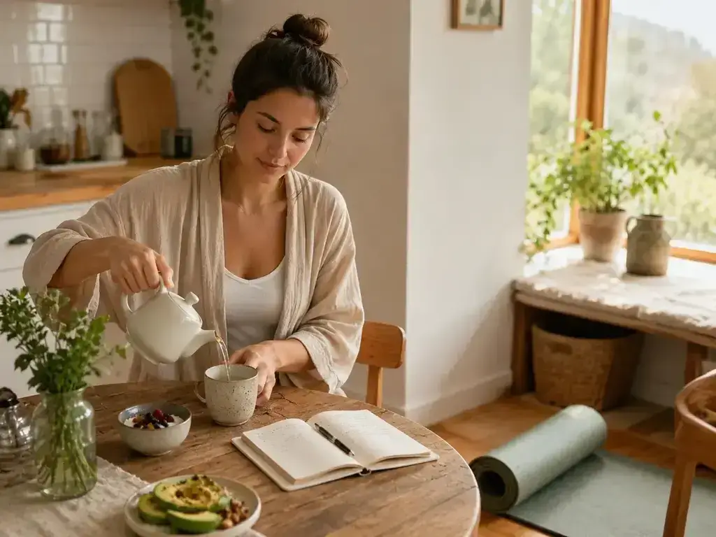 Une femme se sert une tasse thé dans un environnement paisible