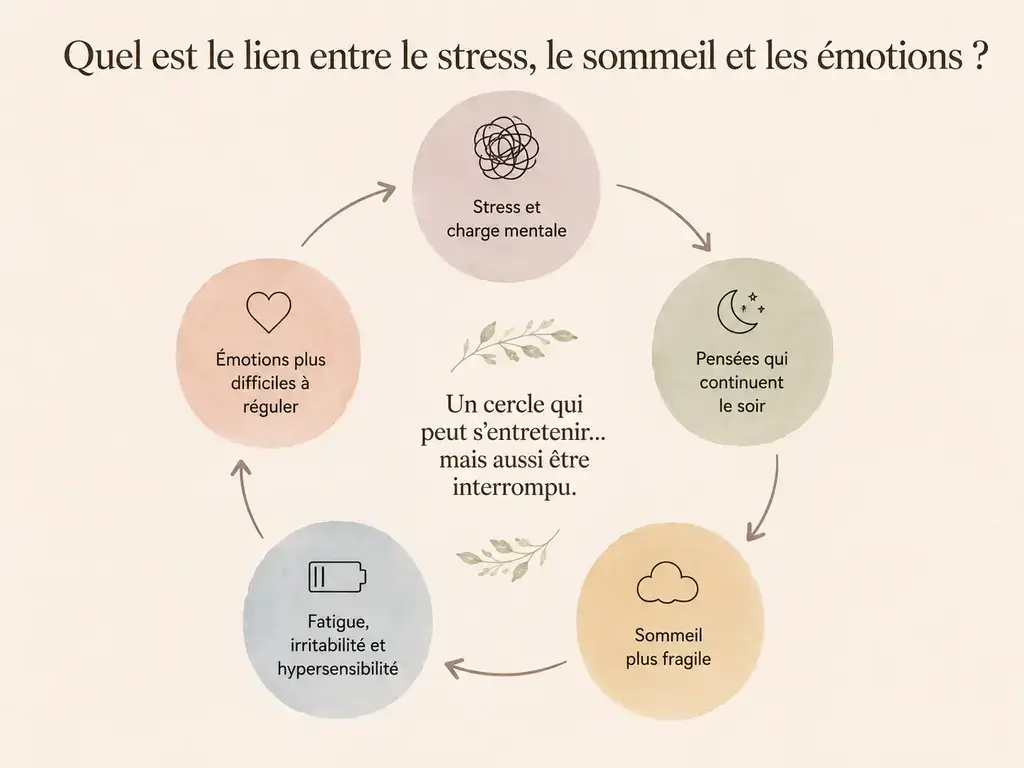 Cercle reliant le stress et la charge mentale, les pensées du soir, un sommeil fragile, la fatigue et des émotions plus difficiles à réguler