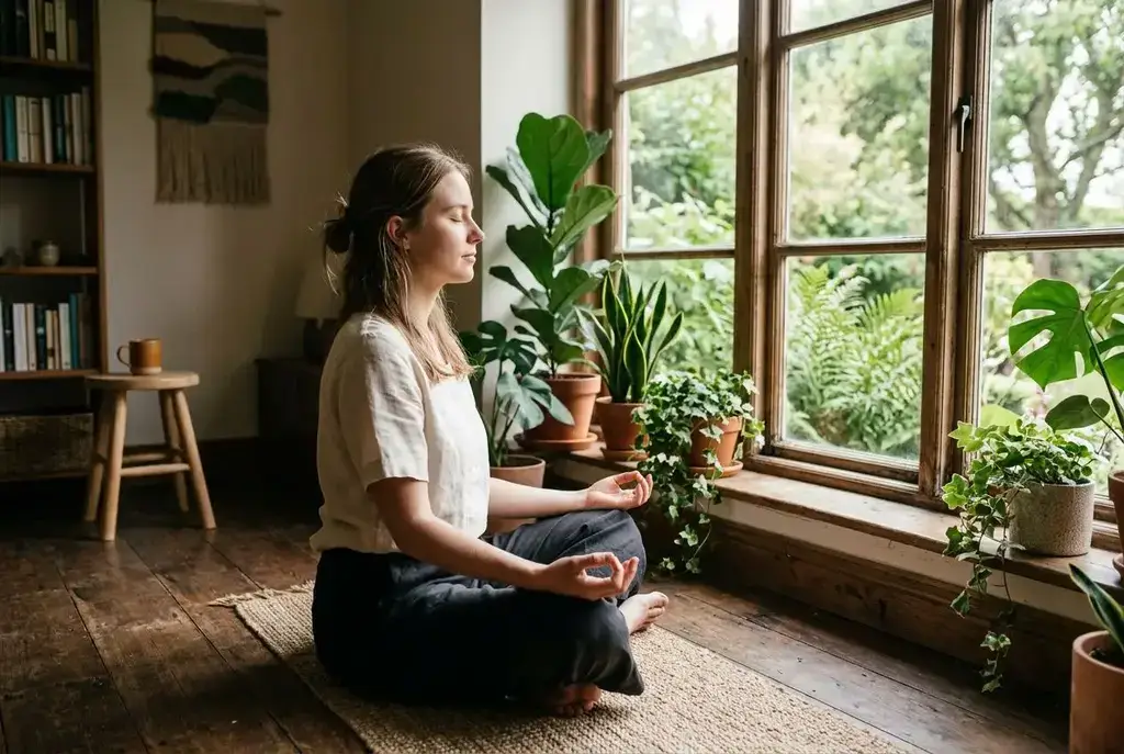 Une jeune femme médite face à la fenêtre