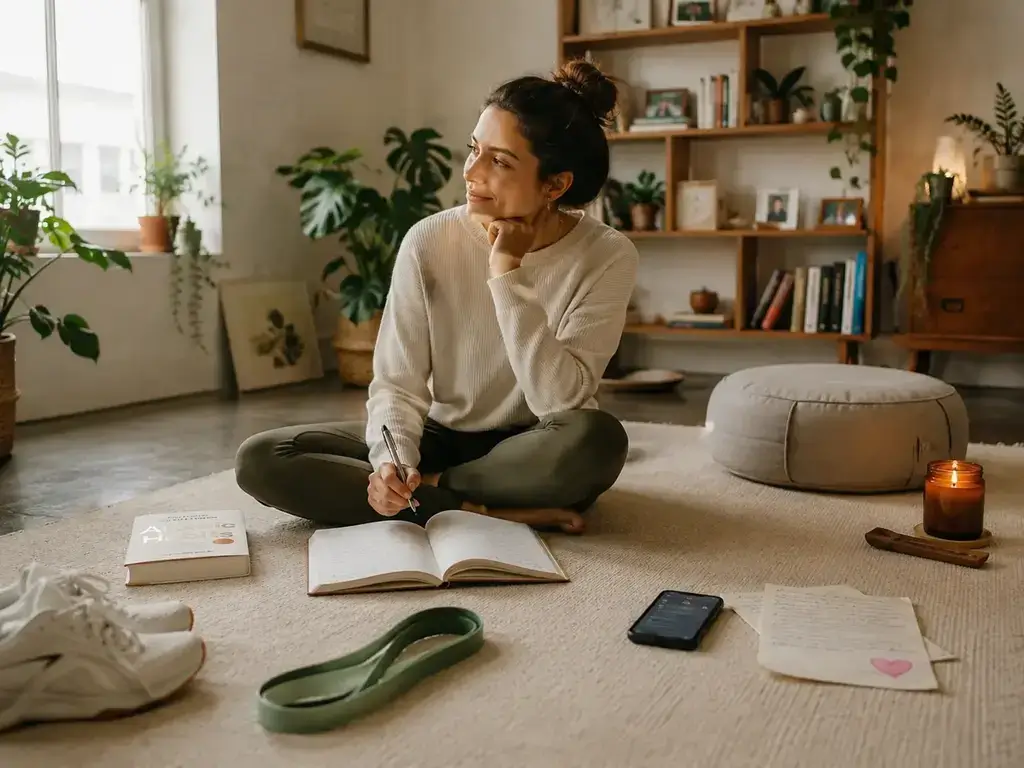 Une jeune femme en pleine réflexion dans un environnement cozy