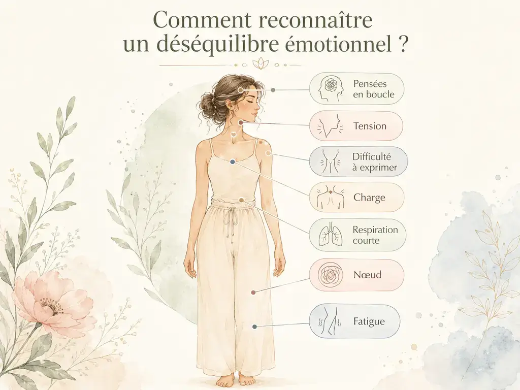 Signes corporels d’un déséquilibre émotionnel : pensées en boucle, tension, difficulté à s’exprimer, respiration courte, ventre noué et fatigue