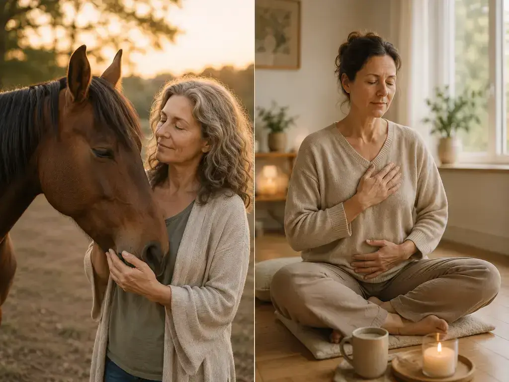 Deux formes d’accompagnement : une femme en présence d’un cheval et une femme méditant dans un intérieur calme