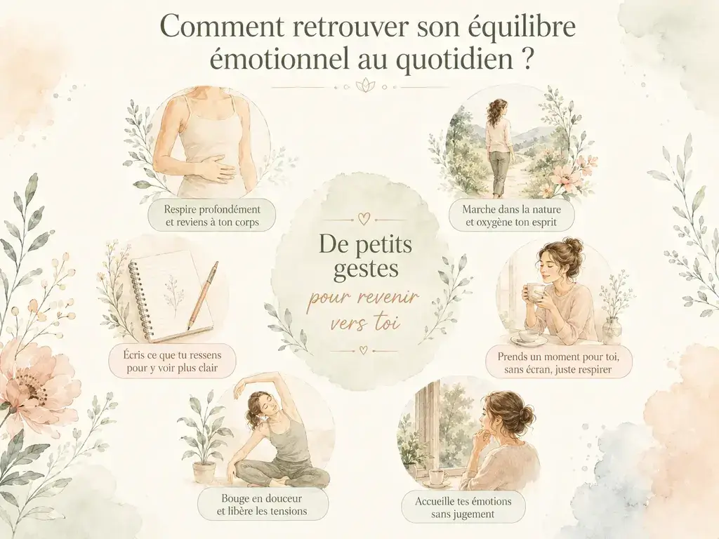 Gestes pour retrouver son équilibre émotionnel : respirer, marcher, écrire, bouger, faire une vraie pause et accueillir ses émotions