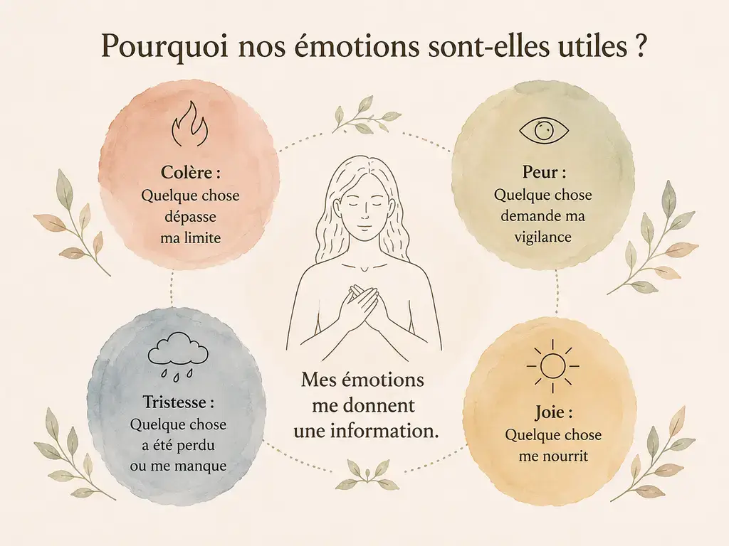 Schéma présentant le message de quatre émotions : la colère signale une limite, la peur appelle à la vigilance, la tristesse accompagne un manque et la joie montre ce qui nourri