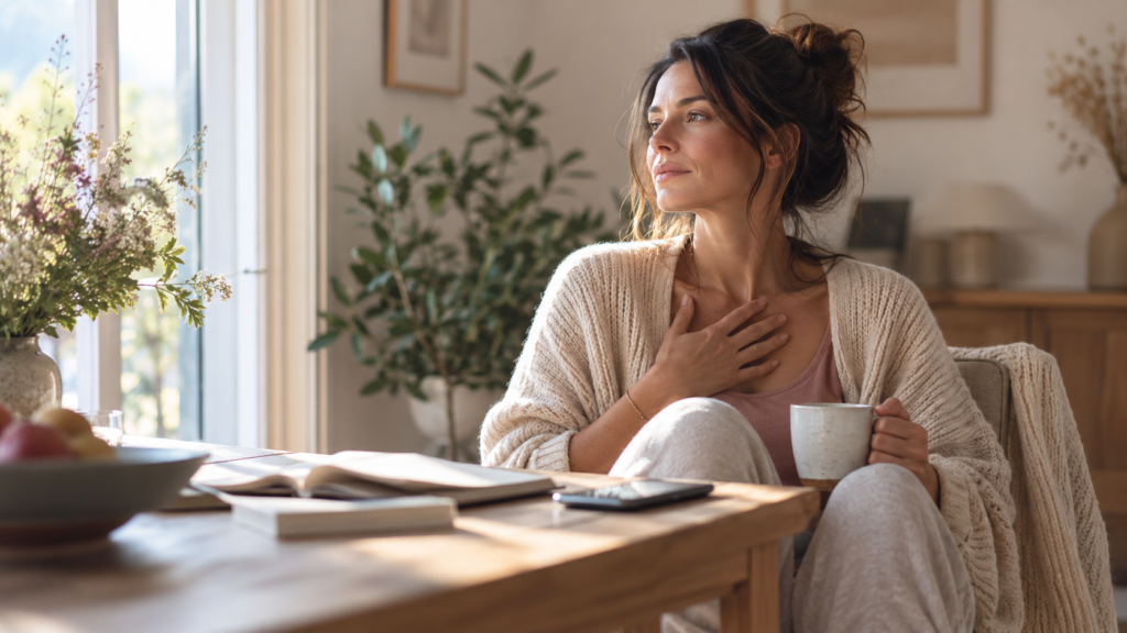 Femme près d'une fenêtre, la main sur la poitrine, faisant une pause pour écouter son corps.